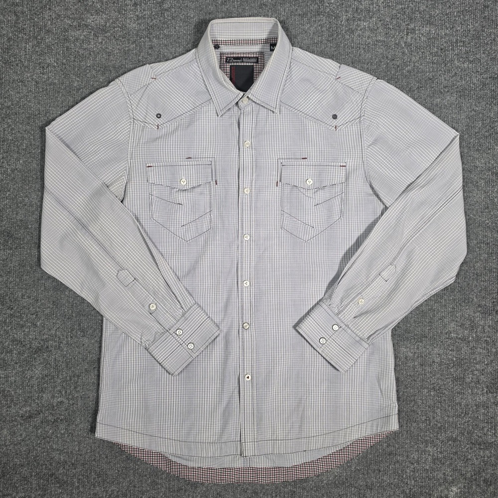 7 Diamonds Mens Grey Micro Check Western Button Down Shirt Med Embroidered Yoke - Picture 1 of 10